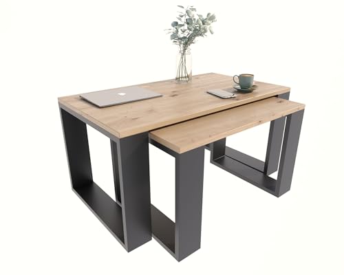 Westa Couchtisch Set 2-teilig – Kaffeetische Wohnzimmertisch modern in Weiß/Arthisian – Platzsparende Beistelltische aus Laminatplatte – Kratzfeste Wohnzimmertische im skandinavischen Design von Per la vita