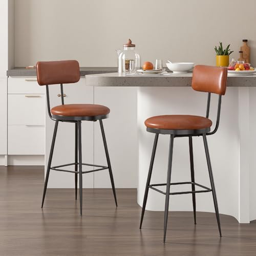 Barhocker 2er Set, Barstuhl, Hocker mit Rückenlehne, Küchenstuhl, Bistrohocker mit Rückenlehne und Fußstütze, Gepolsterte Esszimmerstuhl für Küche, Hausbar, Esszimmer, PU, Braun von PerGar