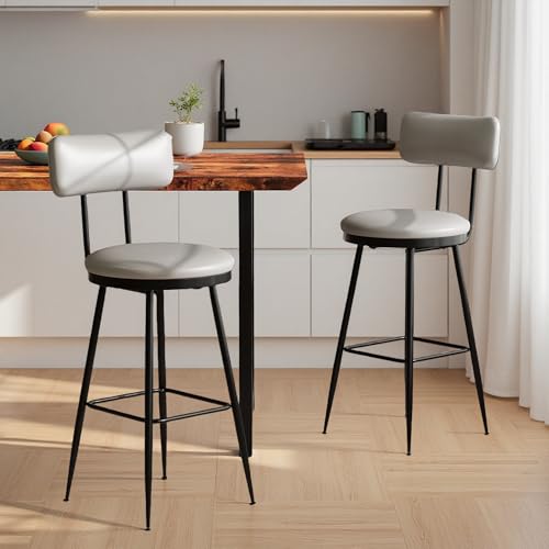 Barhocker 2er Set, Barstuhl, Hocker mit Rückenlehne, Küchenstuhl, Bistrohocker mit Rückenlehne und Fußstütze, Gepolsterte Esszimmerstuhl für Küche, Hausbar, Esszimmer, PU, Grau von PerGar