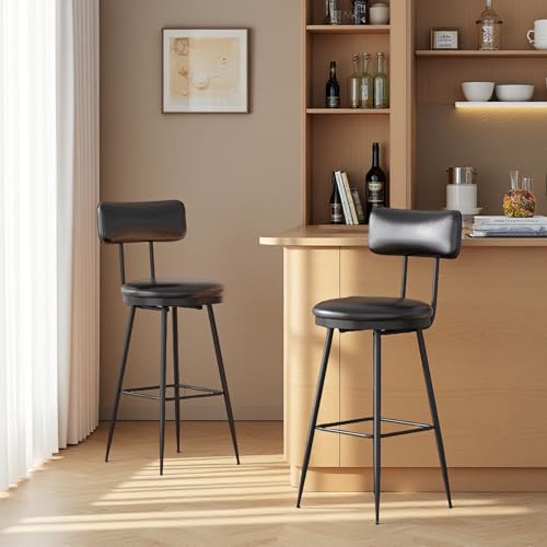 Barhocker 2er Set, Barstuhl, Hocker mit Rückenlehne, Küchenstuhl, Bistrohocker mit Rückenlehne und Fußstütze, Gepolsterte Esszimmerstuhl für Küche, Hausbar, Esszimmer, PU, Schwarz von PerGar