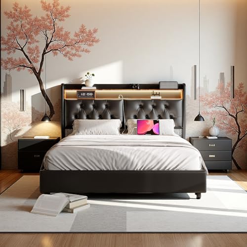 Doppelbett 160x200cm, Hydraulisch Stauraumbett Funktionsbett mit Großer Stauraum und Lattenrost, Polsterbett mit Aufladen USB Ladefunktion und LED Beleuchtung, PU, Schwarz von PerGar