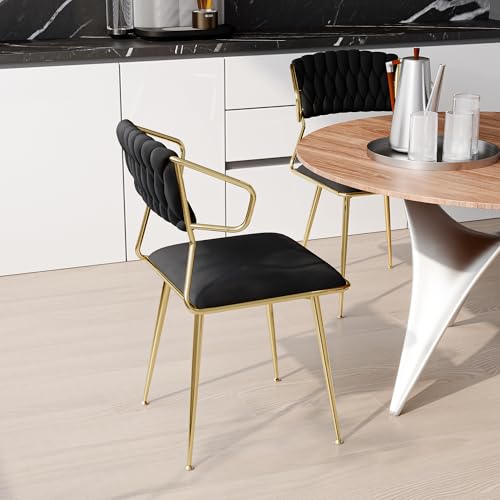 Esszimmerstühle 2er Set, Küchenstuhl Polsterstuhl Schminktisch Stuhl Wohnzimmerstuhl mit Runde Gewebter Rückenlehne und Goldenen Metallbeinen für Esszimmer, Samt, Schwarz von PerGar