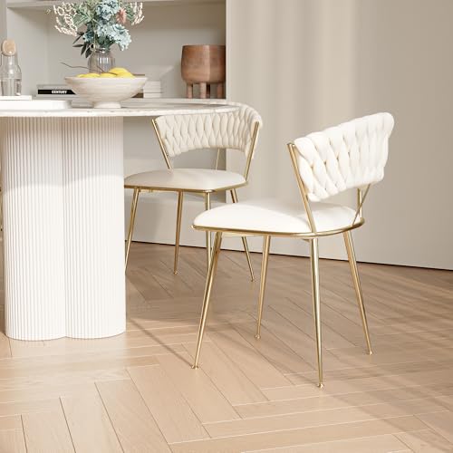 Esszimmerstühle 2er Set, Polsterstuhl mit Geflochtener Gewebter Runde Rückenlehne, Handgewebtem, Goldene Metallbeine, Kosmetikstuhl für Wohnzimmer Schlafzimmer Büro,Velvet, Beige von PerGar