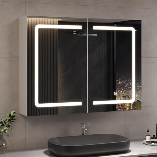 PerGar Badezimmer Spiegelschrank mit Beleuchtung, 80 cm Breit Doppeltür Badschrank mit Spiegel, LED Badezimmerschrank mit Spiegel und Ablage, Berührung Sensorschalter, Wandschrank, Weiß von PerGar