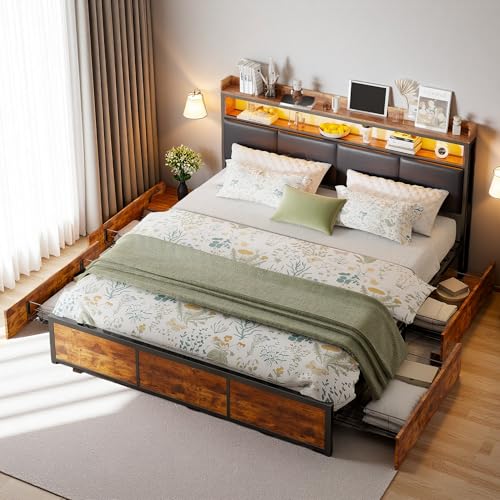 Metallbett 140x200 mit LED und USB-Aufladung Kopfteil, Polsterbett Doppelbett mit 4 Schubladen und Lattenrost, Jugendbett Rückenlehne Bettgestell für Matratze, Mattschwarz, PU, Ohne Matratze von PerGar