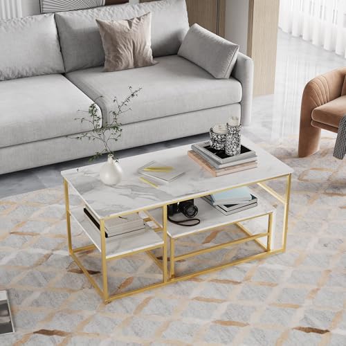 PerGar Couchtisch Marmor Set, Wohnzimmertisch mit Stauraum, Kaffeetisch mit 2 Ablage, Beistelltisch mit Marmor Optik, Moderner Kaffetisch fürs Wohnzimmer, Zuhause, Büro (Gold + Weiß) von PerGar