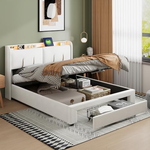 PerGar Doppelbett 140x200cm, Bett mit Aufbewahrungsfunktion, Beige SamtBett, Bett mit USB Anschlüssen, Bettmit Hydraulisches Stauraum, LED LichtleisteBett, Bettmit Schubladen (140x200cm) von PerGar