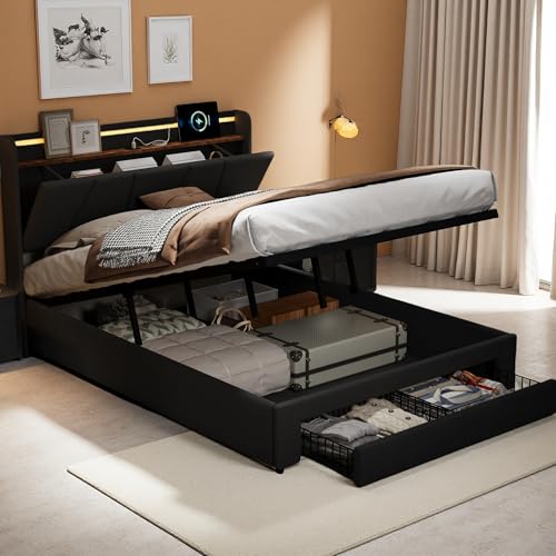 PerGar Doppelbett Polsterbett 140x200 cm, Bett mit LED und USB, Hydraulisch Bett mit 2 Stauraum Schubladen und Kopfteil, Jugendbett Stauraumbett Bettgestell, Leinen, Ohne Matratze, Dunkelgrau von PerGar