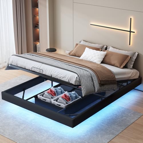 PerGar Floating Bed Frame 160x200 cm, Doppelbett mit LED-Beleuchtung und hydraulischem Stauraum, PU-umwickelter Metalllattenrahmen, schwebendes schwarzes Jugendbett ohne Kopfteil PerGar Floating Bed Frame 160x200 cm, Doppelbett mit LED-Beleuchtung und hydraulischem Stauraum, PU-umwickelter Metalllattenrahmen, schwebendes schwarzes Jugendbett ohne Kopfteil von PerGar