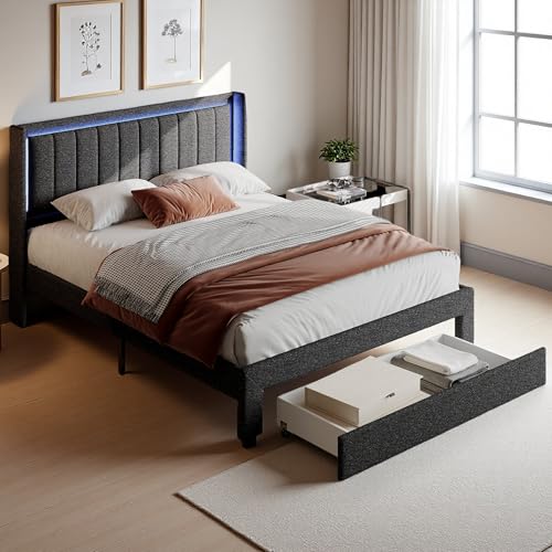 Gepolstert Polsterbett 160x200 cm mit Stauraum - 1 Schubladen, LED Doppelbett mit USB, Stoffbett Jugendbett Stauraumbett Funktionsbett Bettgestell mit Lattenrost, Leinen, Dunkelgrau, Ohne Matratze von PerGar