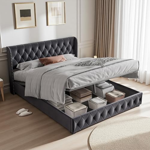 PerGar Hydraulisch Stauraumbett 160x200cm, Doppelbett mit Lattenrost & Bettkasten, Funktionsbett Bettgestell mit Stauraum, für Erwachsene & Jugendliche, Samt, Ohne Matratze, Dunkelgrau von PerGar