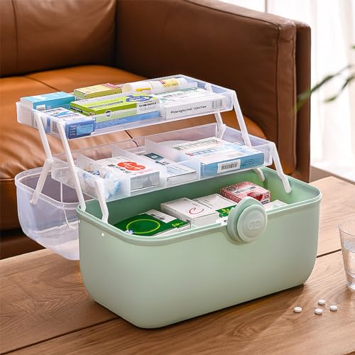 PerGar Kunststoff-Medizinbox, Erste-Hilfe-Box, Kunststoff-Medizinschrank, Aufbewahrungsbox mit Fächern, 3-stufiger Notfall-Erste-Hilfe-Set-Organizer, Transparenter Verschließbarer Deckel,(Grün) von PerGar