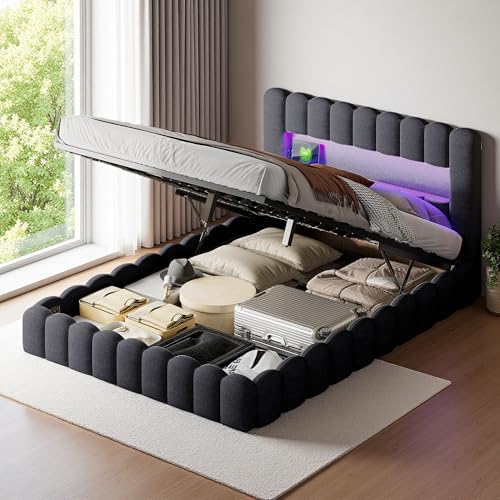 PerGar Bett mit Stauraum, Hydraulisch Stauraumbett, Polsterbett mit Stauraum-Kopfteil, Bett Bettgestell Doppelbett Jugendbett, Funktionsbett, Ohne Matratze, Grau (180x200cm) von PerGar