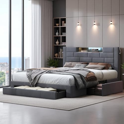 Bettgestell, Polsterbett 140x200 cm, LED Doppelbett mit 3 Schubladen und USB, Kopfteil mit Stauraum und Lattenrost, Funktionsbett Stauraumbetten Jugendbett Rückenlehne, Samt, Grau, Ohne Matratze von PerGar