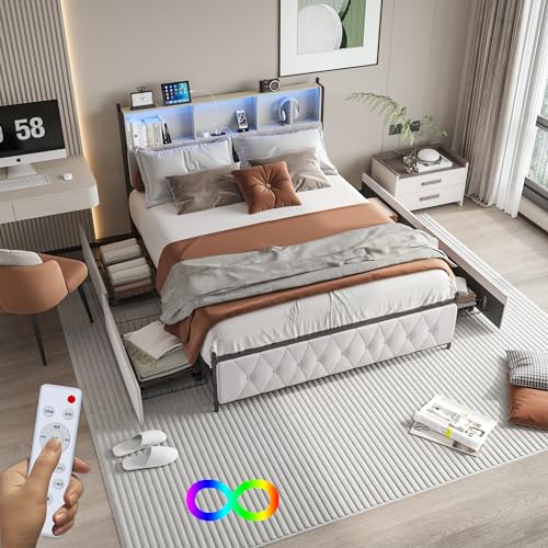 PerGar Polsterbett 180x200 cm, Samtbett mit LED-Licht und Stauraum, Doppelbett mit USB und Typ-C, Samtbett mit 4 Schubladen, Bett mit RGB-LED-Licht und Stauraum, beige Polsterbett (180x200cm) von PerGar