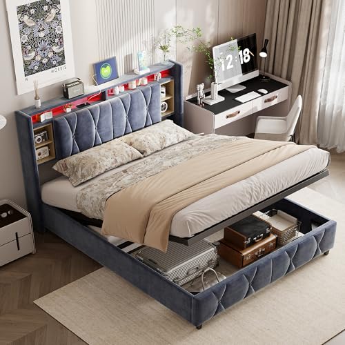 PerGar Polsterbett Doppelbett 140x200cm, Hydraulisches Bett, LED Kopfteil mit USB Typ-C Ladefunktion, Funktionsbett Bettgestell, Stauraumbett, Jugendbett, Samt, Ohne Matratze, Dunkelgrau von PerGar