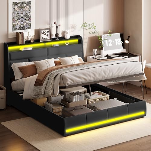 Polsterbett Doppelbett 140x200 cm, Kopfteil mit LED und USB Ladestation, Modern Stauraumbett Bett mit Hydraulische Metallrahmen und Lattenrost, Jugendbett Bettgestell, Schwarz, PU, Ohne Matratze von PerGar
