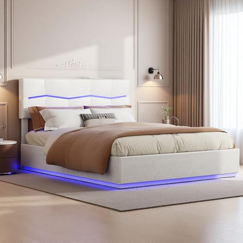 PerGar Polsterbett Doppelbett 140x200cm, Jugendbett mit Verstellbares Kopfteil, Bett mit Beleuchtung, Stauraumbett mit Hydraulisch, Funktionsbett Bettgestell, Ohne Matratze, Beige von PerGar