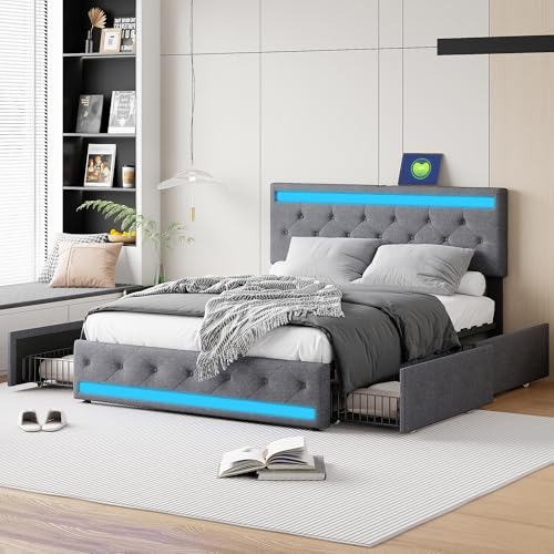 PerGar Polsterbett Doppelbett 160x200cm, Boxspringbett mit LED-Beleuchtung Kopfteil, Jugendbett Rückenlehne Bettgestell mit Metallrahmen, USB und Type-C Ladefunktion, Leinen, Dunkelgrau PerGar Polsterbett Doppelbett 160x200cm, Boxspringbett mit LED-Beleuchtung Kopfteil, Jugendbett Rückenlehne Bettgestell mit Metallrahmen, USB und Type-C Ladefunktion, Leinen, Dunkelgrau von PerGar