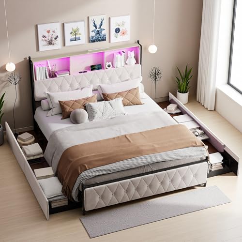PerGar Polsterbett mit Stauraum, Doppelbett mit USB & 4 Schubladen, Jugendbett mit LED Stauraum Kopfteil, Stauraumbetten, Bettgestell mit Lattenrost, Samt, Ohne Matratze, Beige (140x200cm) von PerGar