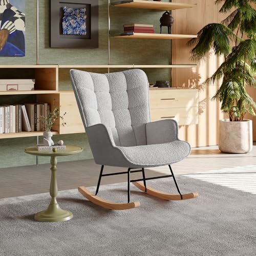 PerGar Schaukelstuhl aus Teddysamt mit Karierter Rückenlehne, Relaxsessel mit Schaukelfunktion, Schaukelstuhl im modernen Design, für das Schlafzimmer oder Wohnzimmer (Hellgrau) von PerGar