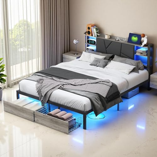 Polsterbett 180x200 cm mit Stauraum, Metallbett Doppelbett mit LED und USB, Funktionsbett mit 2 Schubladen, Jugendbett mit Lattenrost und Metallbettgestell, Stauraumbett, Ohne Matratze, PU, Schwarz Polsterbett 180x200 cm mit Stauraum, Metallbett Doppelbett mit LED und USB, Funktionsbett mit 2 Schubladen, Jugendbett mit Lattenrost und Metallbettgestell, Stauraumbett, Ohne Matratze, PU, Schwarz von PerGar