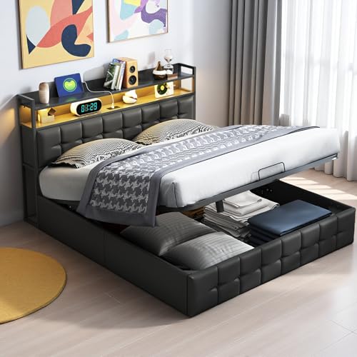 Polsterbett Doppelbett 160x200cm, Jugendbett Hydraulisches Bett mit LED und USB, Bett mit Bettkasten, Boxspringbett Stauraumbett Bettgestell mit Lattenrost, Schwarz, PU, Ohne Matratze Polsterbett Doppelbett 160x200cm, Jugendbett Hydraulisches Bett mit LED und USB, Bett mit Bettkasten, Boxspringbett Stauraumbett Bettgestell mit Lattenrost, Schwarz, PU, Ohne Matratze von PerGar