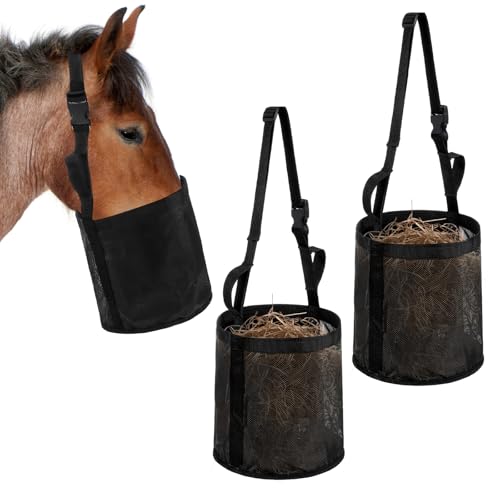 PercyEffie Futterbeutel für Pferde, strapazierfähig, Nylon-Netz, Futterspender mit verstellbarem Riemen, Komfort-Nackenpolster, Nasenpolster, wasserdichte Unterseite, Schwarz, Größe M, 2 Stück PercyEffie Futterbeutel für Pferde, strapazierfähig, Nylon-Netz, Futterspender mit verstellbarem Riemen, Komfort-Nackenpolster, Nasenpolster, wasserdichte Unterseite, Schwarz, Größe M, 2 Stück von PercyEffie