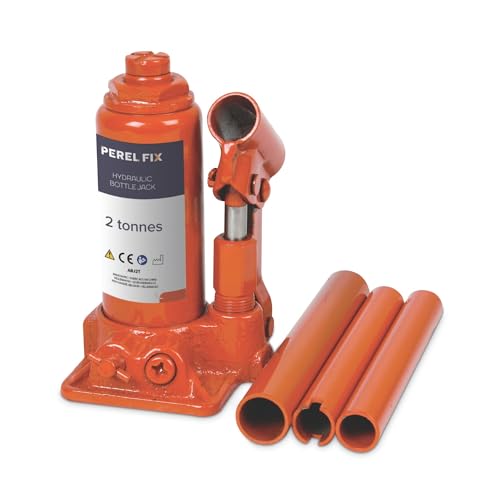 Perel Hydraulischer Stempelwagenheber 2t, Wagenheber 2 Tonnen, Flaschenwagenheber für Auto, LKW, Pkw, Wohnwagen, Hydraulikheber, Höhe 158-308 mm, Stahl, orange von Perel
