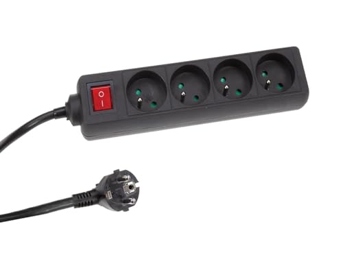 Perel Steckdosenleiste mit Schalter, 4 Steckdosen Typ E, Kabel 1.5 m, 3G1.5, Innenbereich, Schwarz von Perel