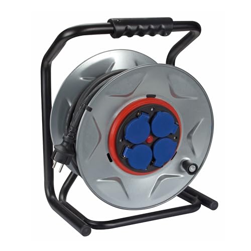 Perel Professionelle Kabeltrommel, Kabelrolle Außenbereich, Verlängerungskabel, Stromtrommel, 4 Steckdosen Typ E mit Klappdeckel, Anti-Twist-System, 25 m, 3G2.5, grau/schwarz von Perel