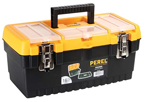 Perel Werkzeugkoffer Kunststoff leer, Werkzeugkasten leer, Werkzeugbox, Werkzeug Organizer Box, Tool Box, 3 Organizer im Deckel, 2 x Metallverschluss, schwarz/orange, 413 x 212 x 186 mm von Perel