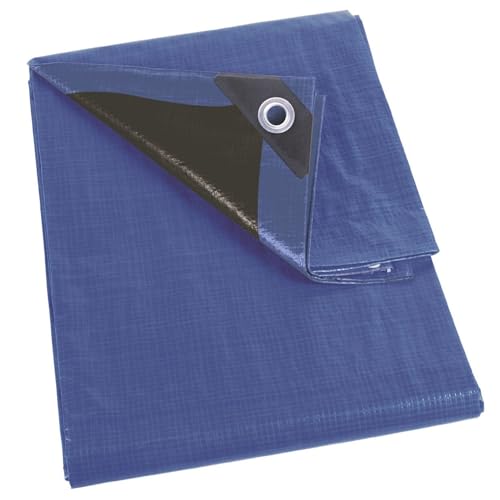 Perel Abdeckplane wasserdicht, Gewebeplane, Plane wasserdicht, Schutzplane, sehr stark, 32 Ösen, verstärkte Ecken, rechteckig, blau/schwarz, 180 g/m², 6 x 10 m von Perel