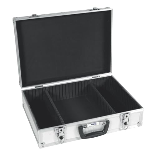 Perel Alu Werkzeugkoffer leer, Alukoffer leer, Werkzeugkoffer ohne Inhalt, Aluminiumkoffer, individuelle Fachaufteilung, inkl. 2 Schlüssel, 425 x 305 x 125 mm von Perel