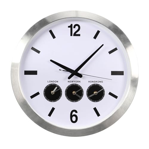 Perel Wandfunkuhr, Funkuhr Wand Küche, Wanduhr Funk, Küchen Funkuhr, Funk Wanduhr groß, Küchenuhr, Weltuhr mit 3 Zeitzonen, DCF, rund, analog, 50.5 cm, Aluminium, Silbergrau von Perel