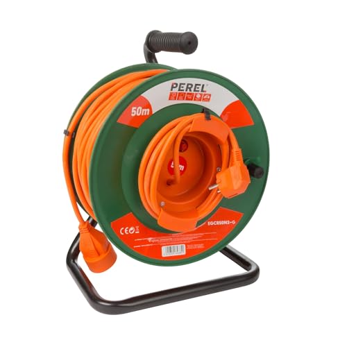 Perel Kabeltrommel, Innenbereich, Schutzkontakt-Stecker/-Kupplung, Überhitzungsschutz, Kabellänge 50 m, 3G1.5, Orange/Grün von Perel