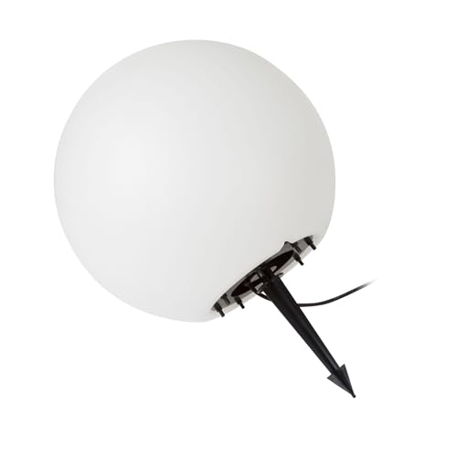 Perel Kugelleuchte, Außen Gartenleuchte, Aussenlampen Kugel, Leuchtkugel Garten, Lichtkugel außen, Kugellampe mit Erdspieß, Zuleitung 3 m, Ø 45 cm, E27-Fassung, IP65, weiß von Perel