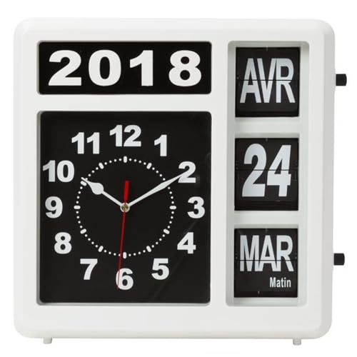Perel Quadratische Uhr mit Flip-Over-Kalender, ideal für Sehbehinderte und Personen mit Alzheimer oder Demenz, analog, 31 x 31 cm, weiß/schwarz, französische Version von Perel