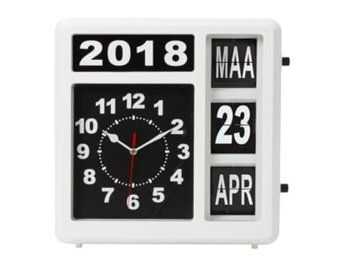 Perel Quadratische Uhr mit Flip-Over-Kalender, ideal für Sehbehinderte und Personen mit Alzheimer oder Demenz, analog, 31 x 31 cm, weiß/schwarz, von Perel