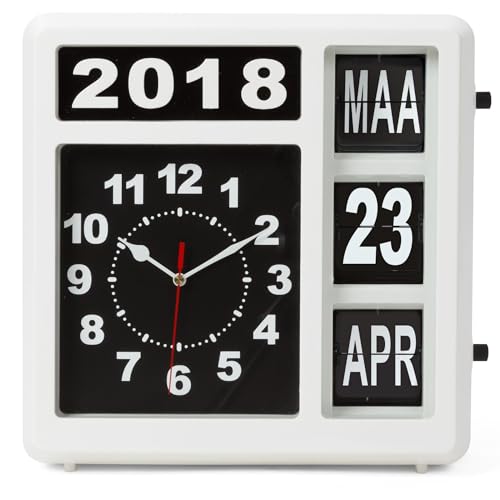 Perel Quadratische Uhr mit Flip-Over-Kalender, ideal für Sehbehinderte und Personen mit Alzheimer oder Demenz, analog, 31 x 31 cm, weiß/schwarz, niederländische Version von Perel