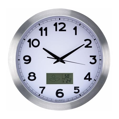 Perel Wanduhr, Uhr Wand Küche, Küchen Uhr, Wanduhr groß, Küchenuhr, LCD-Display mit Thermometer, Hygrometer und Wettervorhersage, DCF, rund, analog, 35 cm, Aluminium, Silbergrau Perel Wanduhr, Uhr Wand Küche, Küchen Uhr, Wanduhr groß, Küchenuhr, LCD-Display mit Thermometer, Hygrometer und Wettervorhersage, DCF, rund, analog, 35 cm, Aluminium, Silbergrau von Perel