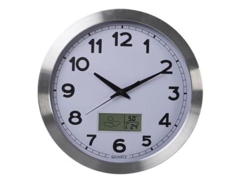 Perel Wanduhr, rund, analog, 35 cm, LCD-Display mit Thermometer, Hygrometer und Wettervorhersage, Aluminium, Silber von Perel
