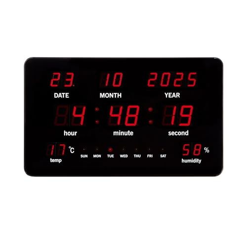 Perel Digitale Wanduhr schwarz, großes LED-Display 37.5x25.5cm, rote LEDs, Digitale Uhr mit Kalender, Zeit, Datum, Temperatur und Feuchtigkeit, Thermometer und Hygrometer, für Büro, Werkstatt und von Perel