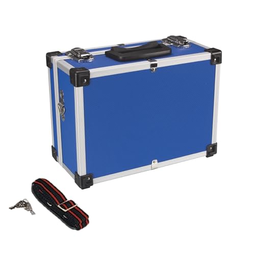 Perel Aufbewahrungskoffer, Alukoffer leer, Transport Koffer, Koffer alu, Aluminiumrahmen, Tragegurt, Schlüsselschloss, 2 Schlüssel, Aluminium, blau, 320 x 230 x 155 mm von Perel