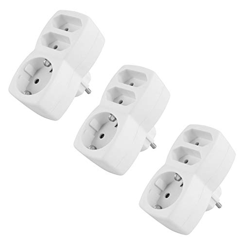 3x Steckdosenadapter | 2x Euro 1x Schutzkontakt | Mehrfachstecker Steckdose Stromadapter Adapter Verteiler Buchse | 2x Euro-Steckdosen 1x Schutzkontaktsteckdose | Weiß | 3 Stück von PerfectHD