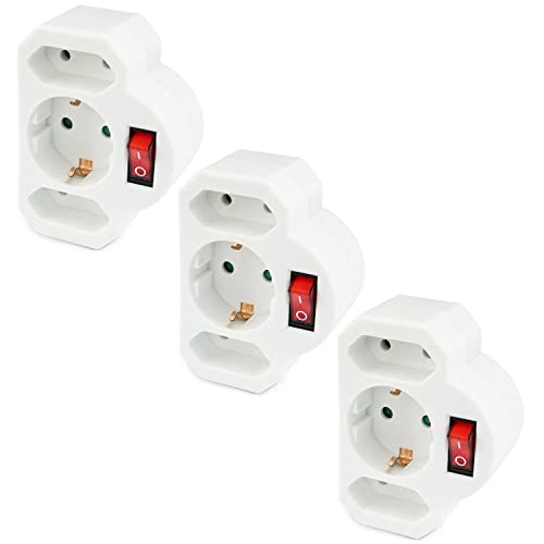 3x Steckdosenadapter 3-fach | 1x Schutzkontaktbuchse + 2x Euro-Buchse | Steckdosenschalter | schaltbare Steckdose | beleuchteter Schalter | Sicherheitsschalter | Zwischensteckdose | 3 Stück von PerfectHD