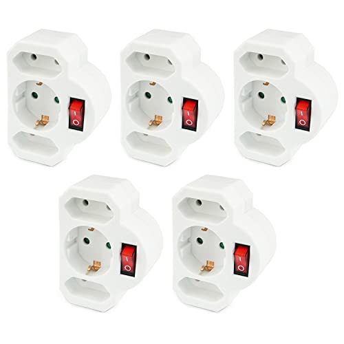 5x Steckdosenadapter 3-fach | 1x Schutzkontaktbuchse + 2x Euro-Buchse | Steckdosenschalter | schaltbare Steckdose | beleuchteter Schalter | Sicherheitsschalter | Zwischensteckdose | 5 Stück von PerfectHD