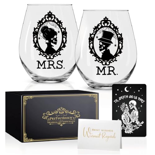 Perfectinsoy Totenkopf Weinglas 2 Stück mit Geschenkbox, Zombie Design, Valentinstag Herbst Halloween, Jahrestag Hochzeit Geschenke, Pärchen Geschenke für Freund und Freundin (Mrs Mr 2er Set) von Perfectinsoy