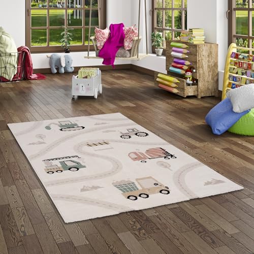 Happy Kids Kinder Baustelle Bunt Creme - Weich, Strapazierfähig & Schadstoffgeprüft - Hoch-Tief-Struktur, 100% Polypropylen, Pflegeleicht, rutschfest - Perfekt für Kinderzimmer von Pergamon