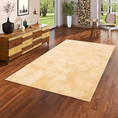 Kunstfaser Teppich Wohnzimmer Luxus Super Soft Fellteppich Pearl Curry Gelb in 5 Größen von Pergamon